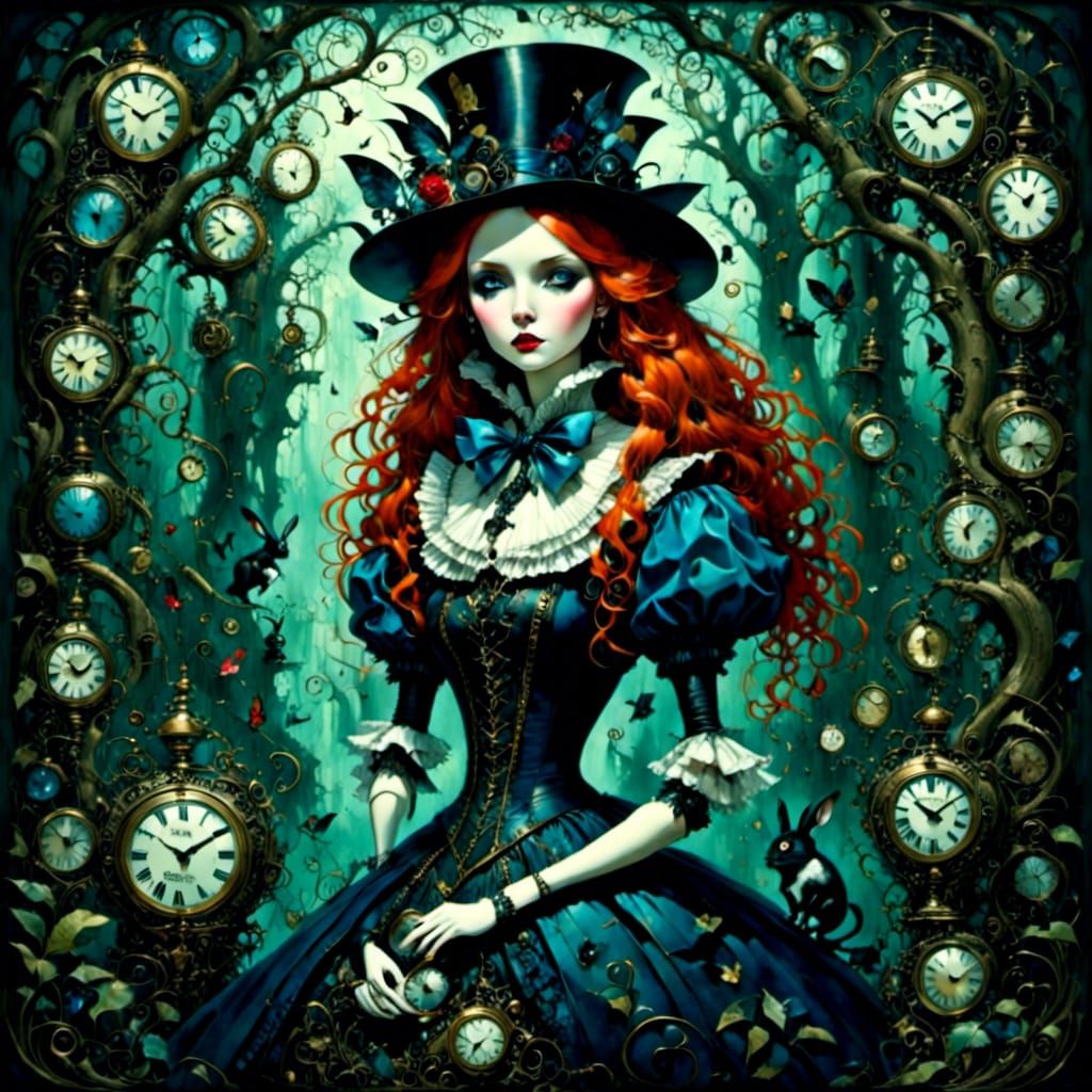 <lora:CelestialWhimsy:1.0> Dark Alice in Wonderland, clocks, gothic, magic <lora:Quirky:1.0> <lora:Crystal Cubism:1.0>