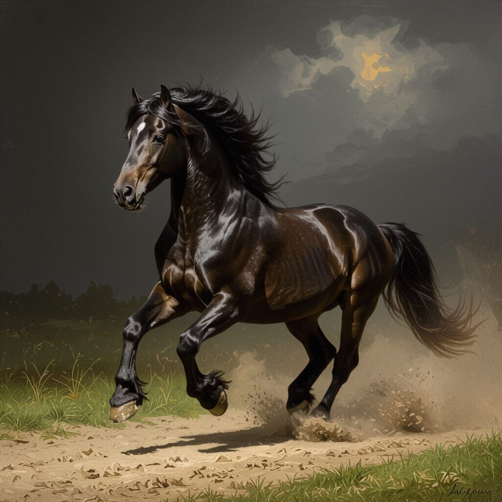 Friesian Horse Galloping with Dramatic Lighting