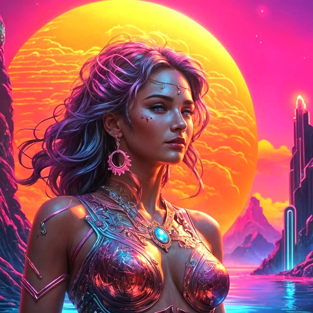 Ethereal Synthwave Goddess Radiates Vibrant Energy