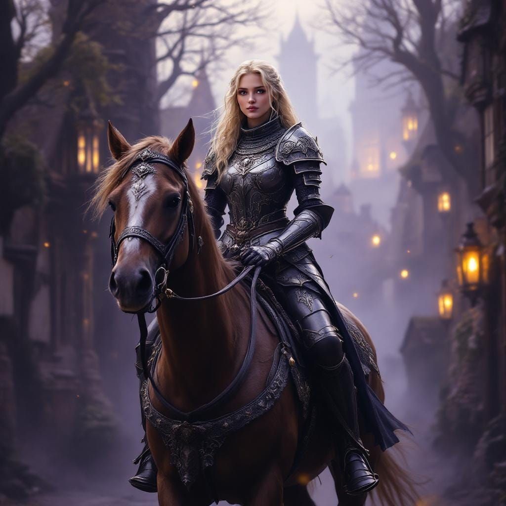 Female Knight on Horseback in Misty Medieval Village