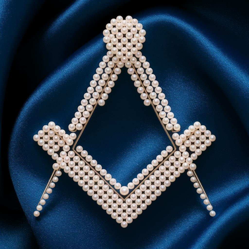 Masonic square and compass symbol made entirely of delicate pearls.