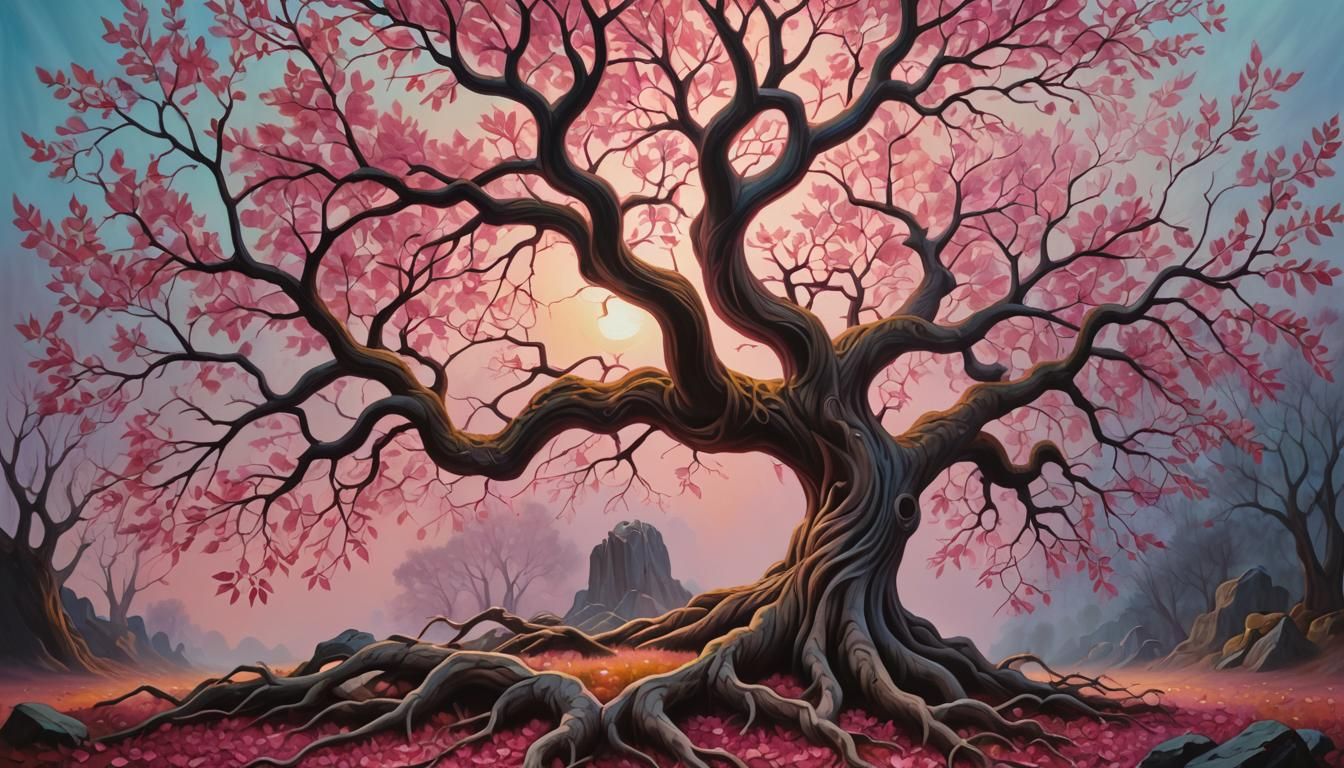 Tree of Life: Surreal Oil Painting with Pink Leaves