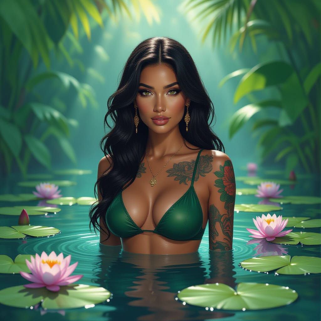 Voluptuous Tattooed Woman in Tropical Lily Pond