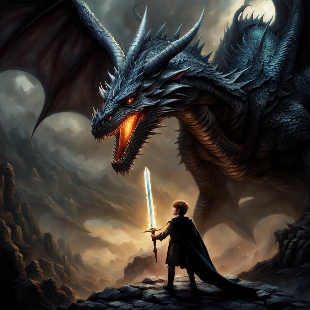 Boy with Enchanted Sword Confronts Black Dragon