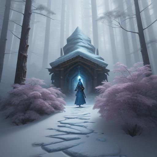 Elegant Figure on Snowy Path in Oil Painting Style