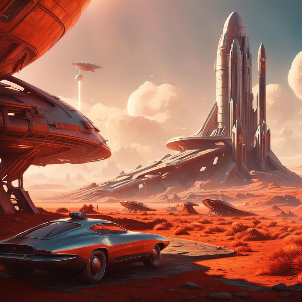 Vintage Sci-Fi Rocket Landing on Alien Planet