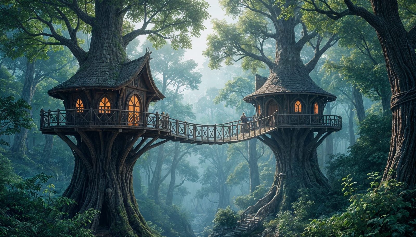 Elven Treehouses Connected by Bridge: Fantasy Concept Art
