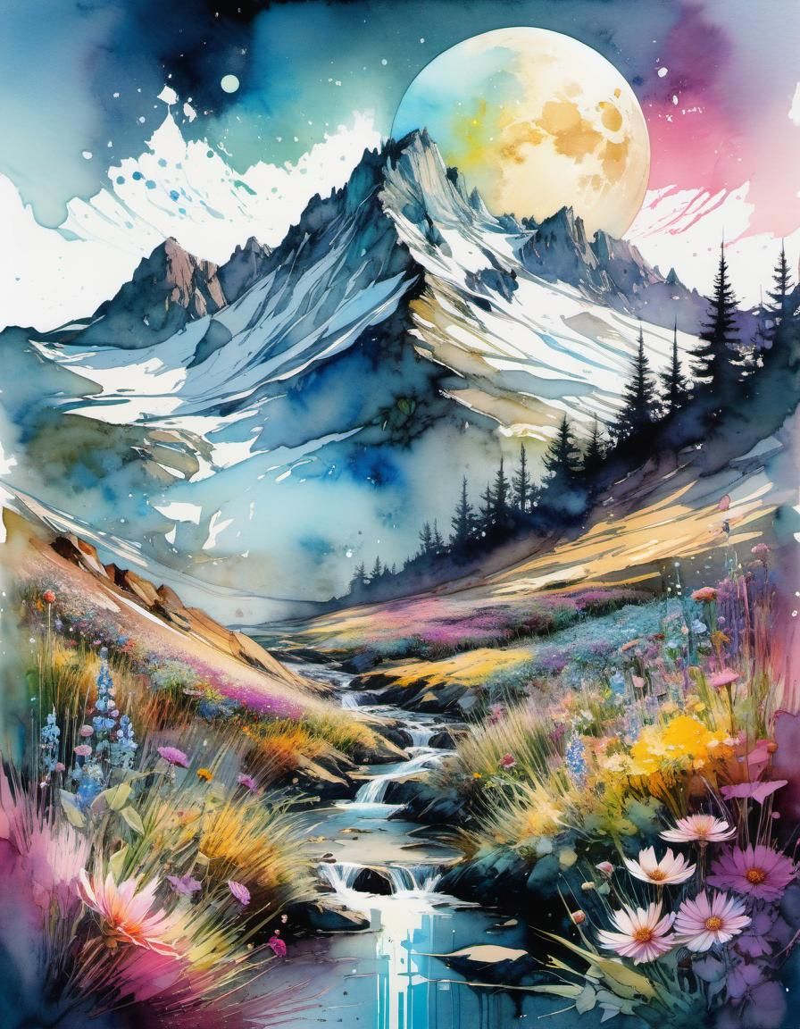 Wildflower Dawn: Digital Watercolor Mountain Illustration