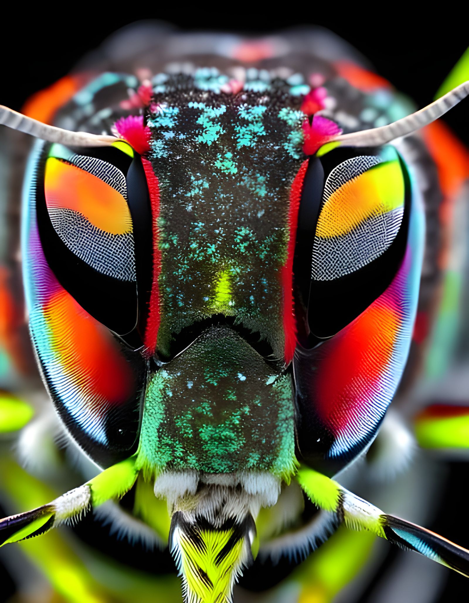 Anthropomorphic Moth Face in Neon Electron Microscopy