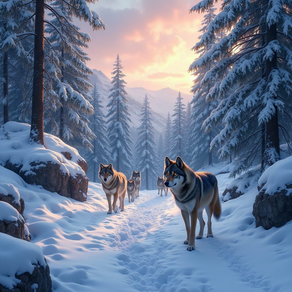 Timber Wolves in Snow-Covered Forest at Dusk