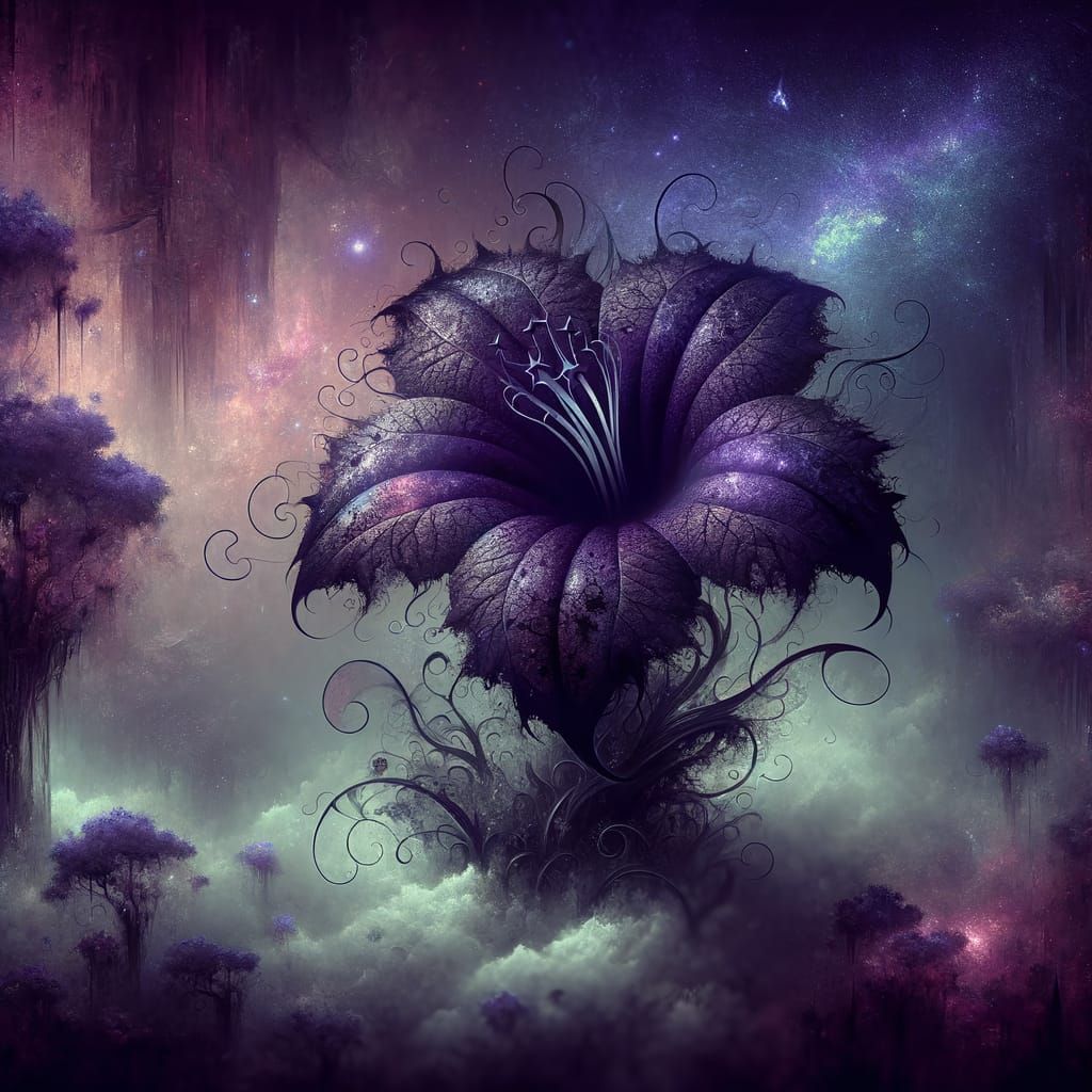 Gothic Trumpet Vine in Haunted Forest Landscape