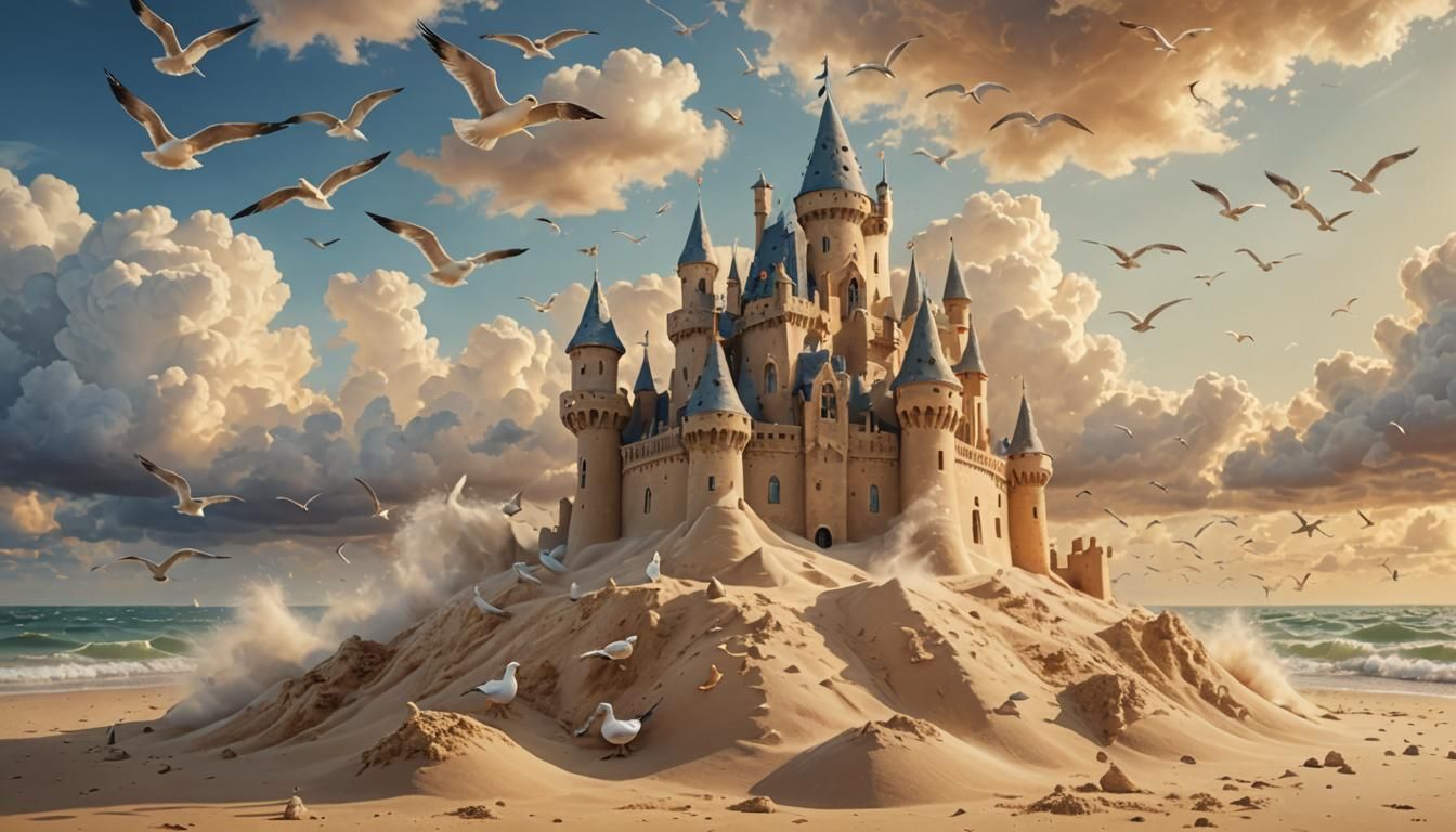 Floating Sandcastle Dreamscape in Pastel Oil Painting Style