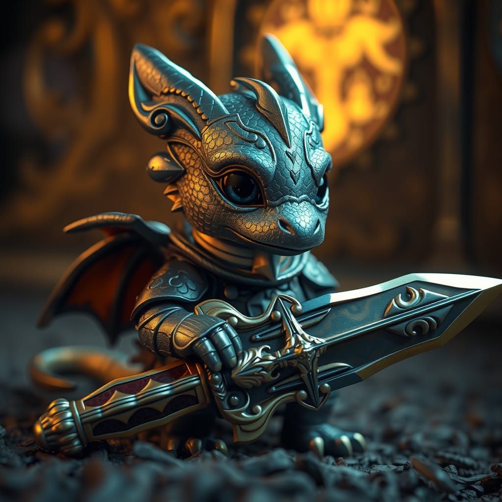 Mystical Miniature Dragon Wields Ancient Sword in Dimly Lit ...
