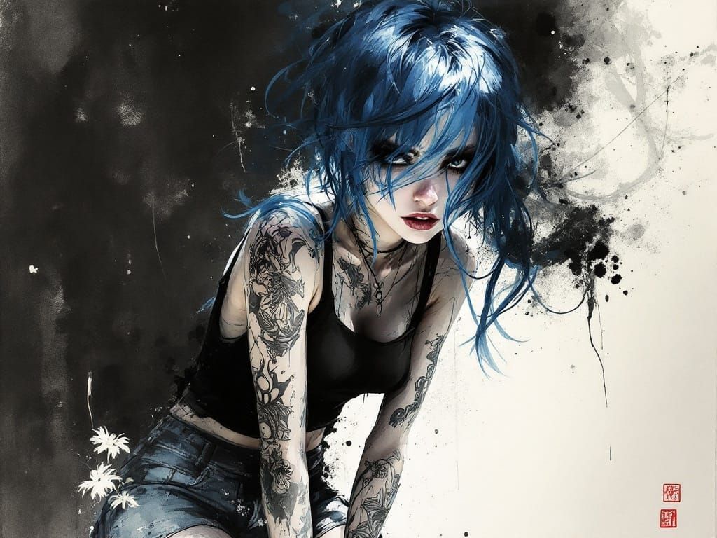 Fierce Punk Woman in Japanese Ink Brush Art