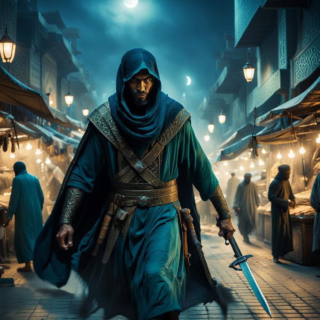 Assassin in Misty Middle Eastern Market