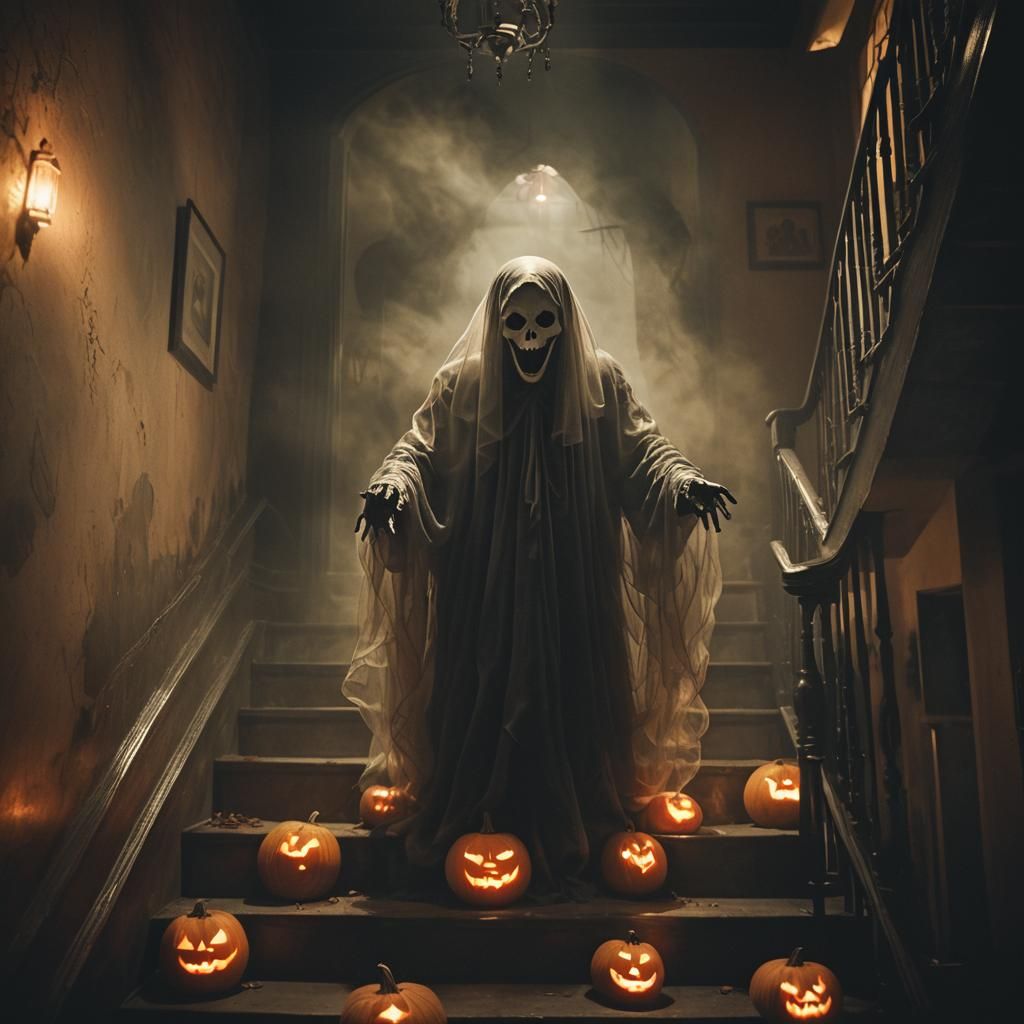 Scary Ghost Floats on Dark Staircase in Realism