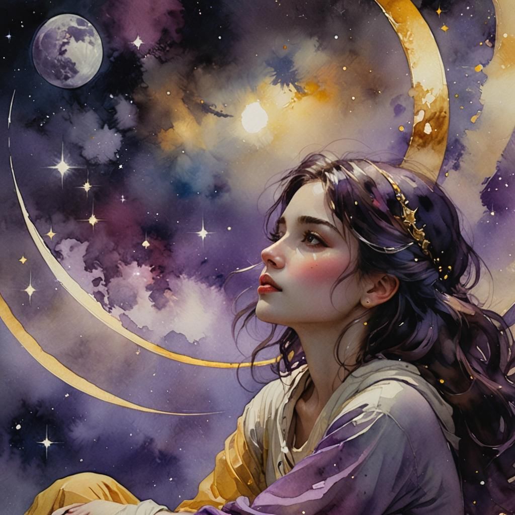 Girl on Crescent Moon Watercolor Dreamscape
