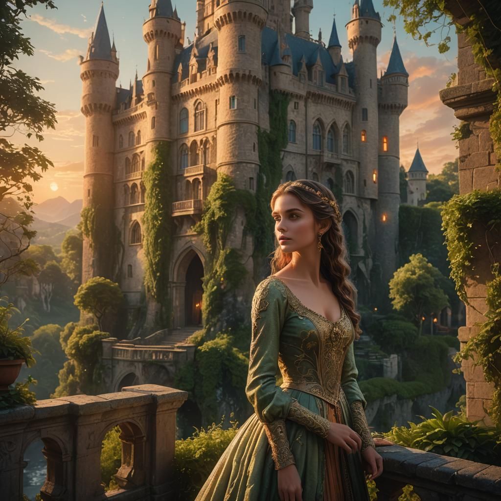 Girl Contemplates Love Outside Castle in Fantasy Style