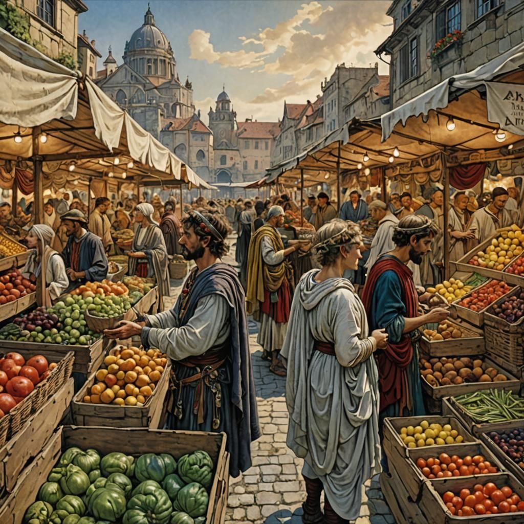 Fairytale Market Scene in Arthur Rackham Style