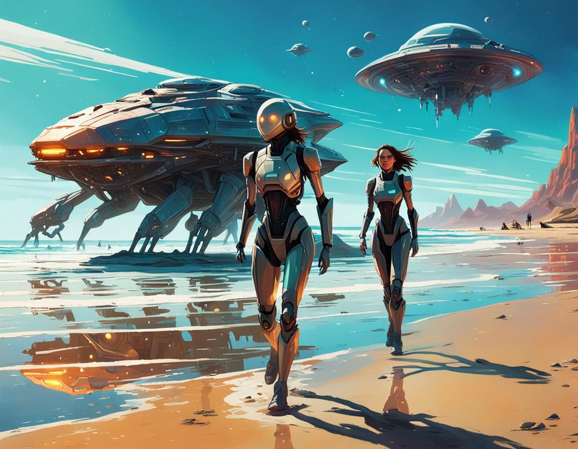 Girl and Android on Alien Beach in Sci-Fi Art