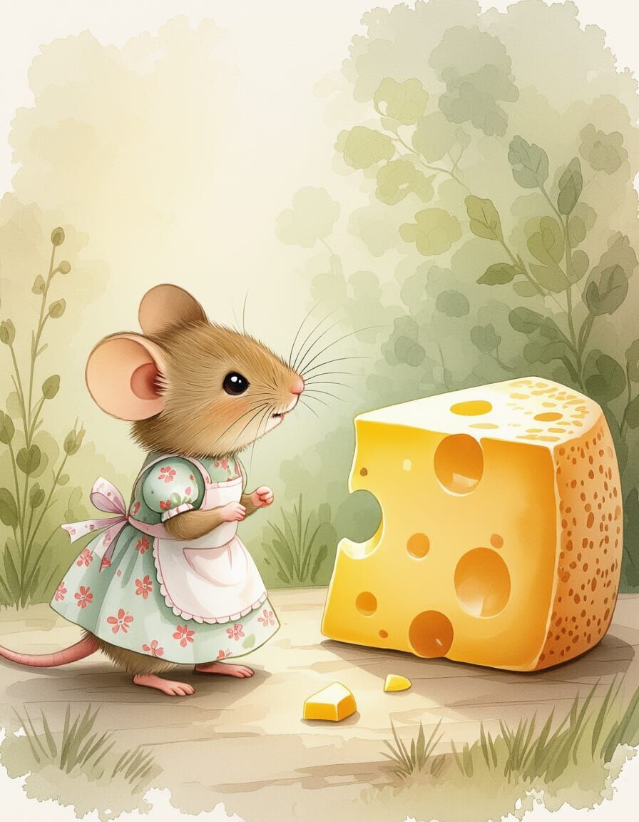 Shy Mouse and Cheese, in Beatrix Potter Style