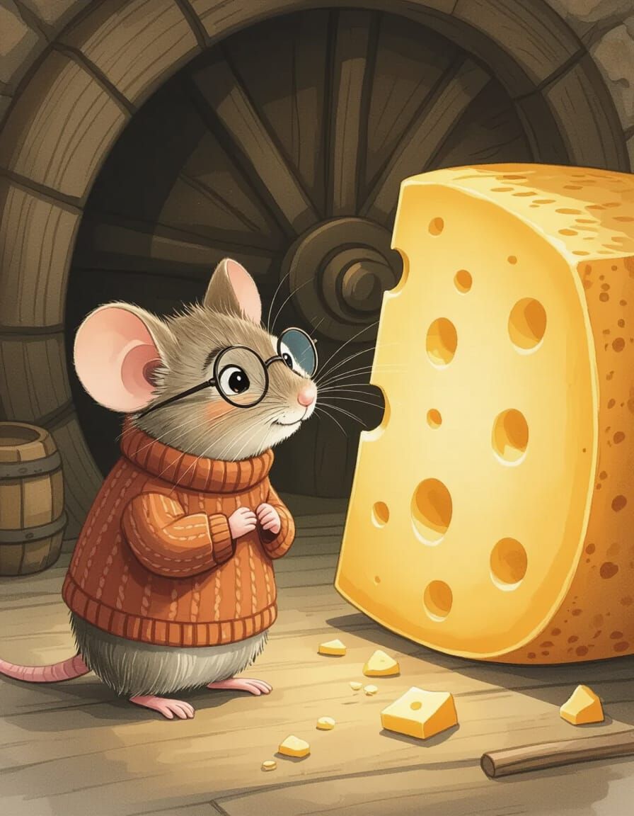 Mouse and Cheese in Whimsical Watercolor Style