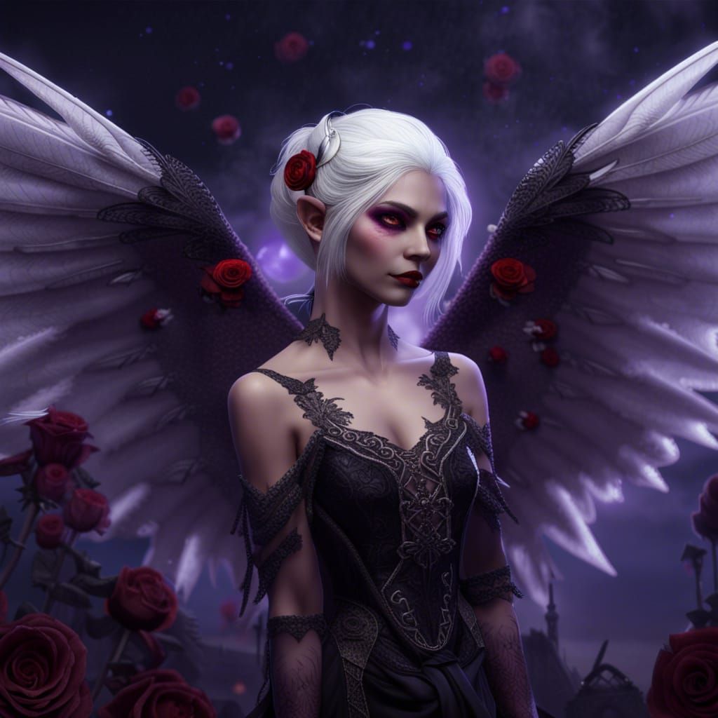 Vampire Elf Woman with Wings in Moonlight