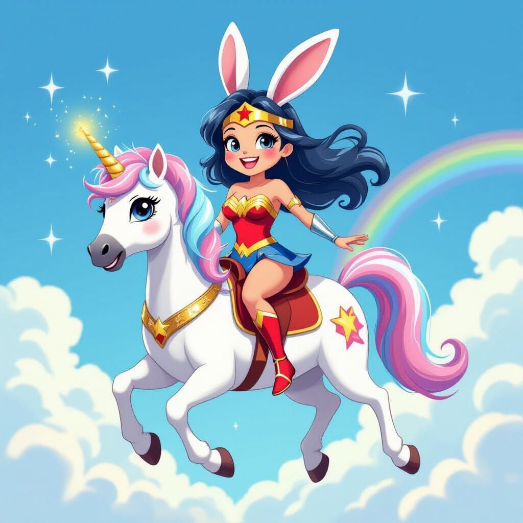 Wonder Woman Rabbit Rides a Unicorn in the Sky