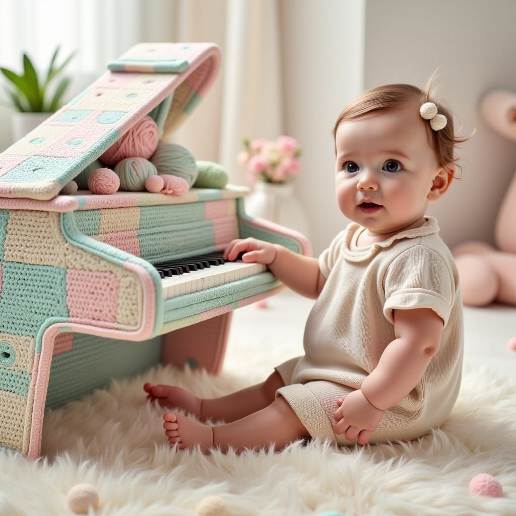 Baby Plays Crochet Piano in Pastel Hues