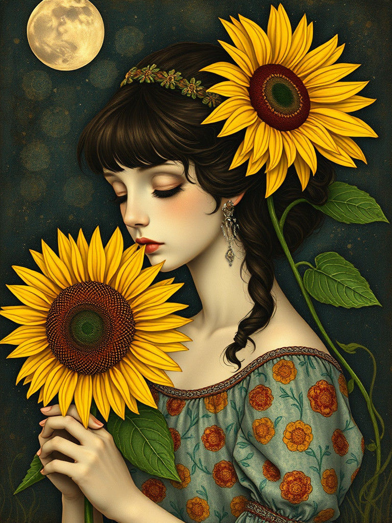 Girl with Sunflower in Gothic Fantasy Style