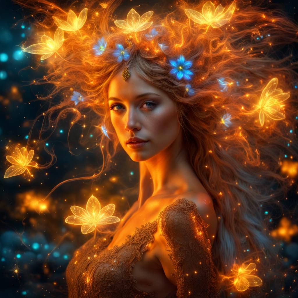 Bioluminescent Fairy with Flowers of Fire