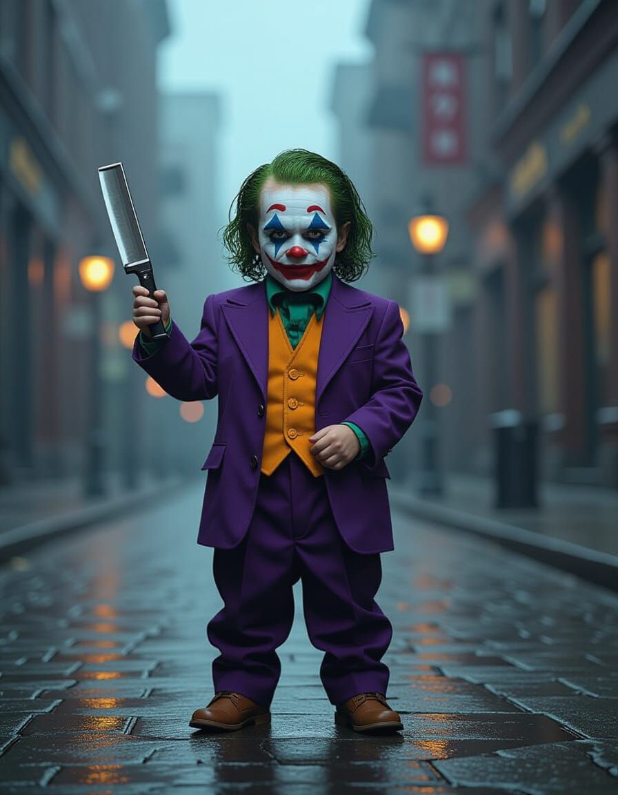 Toddler Joker with Razor in Foggy City