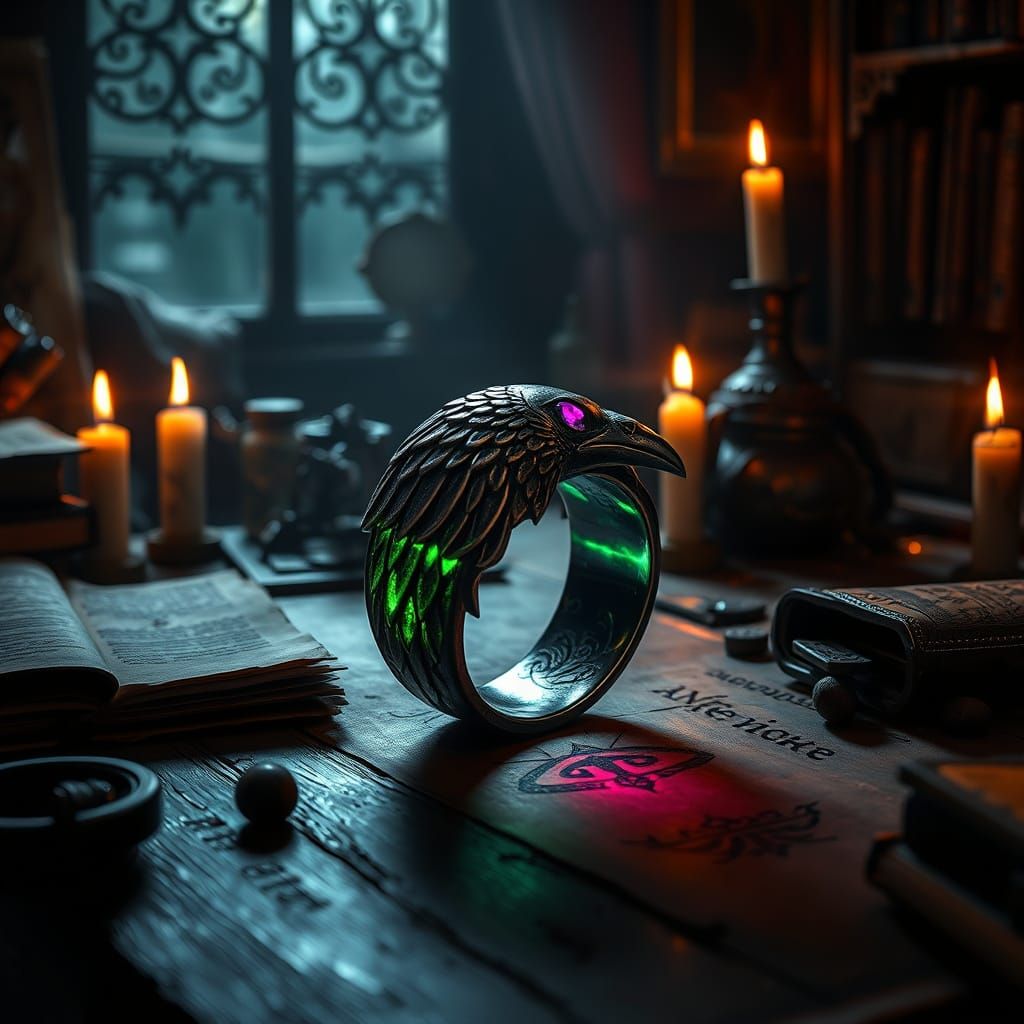 Mystical Signet Raven Ring in Damascus Steel