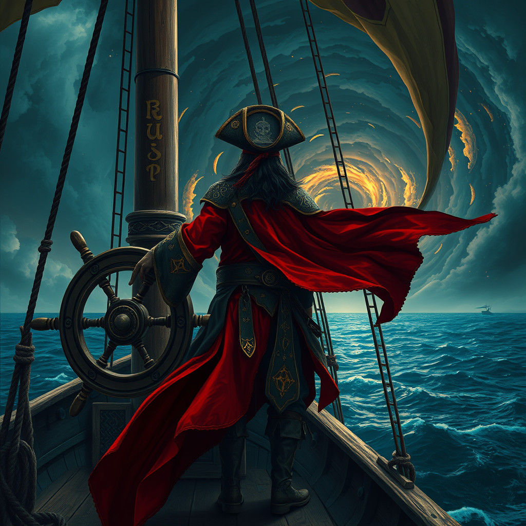 Pirate Captain at the Helm, Matte Painting Style