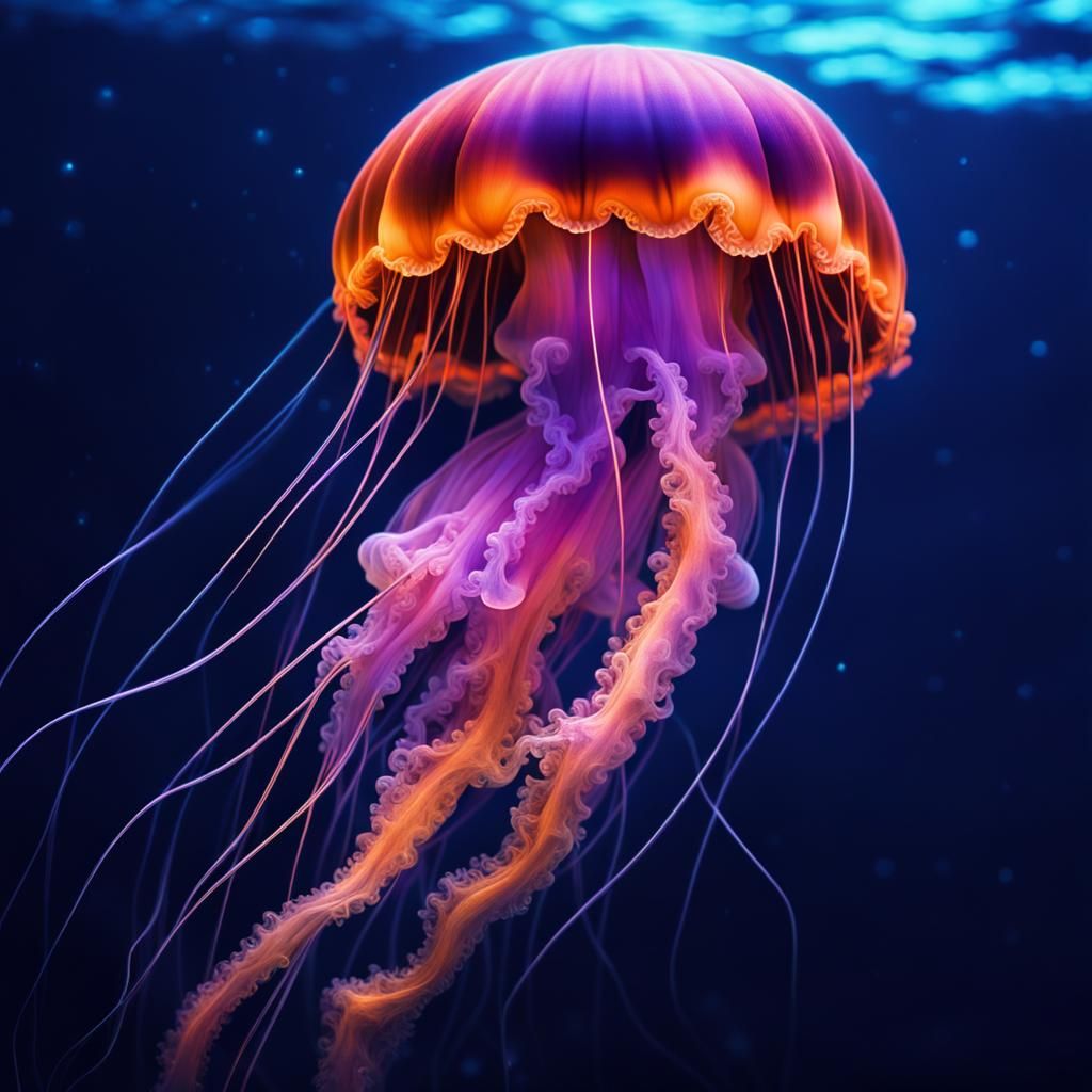 Fluorescent Jellyfish in Deep Water: Hyperrealistic Art