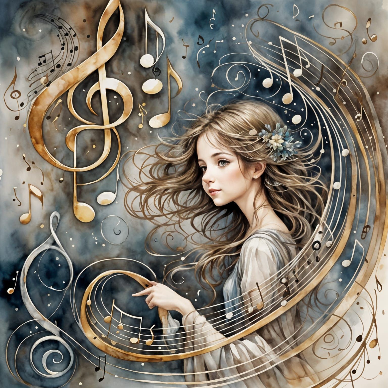Woman Surrounded by Musical Notes in Watercolor Style