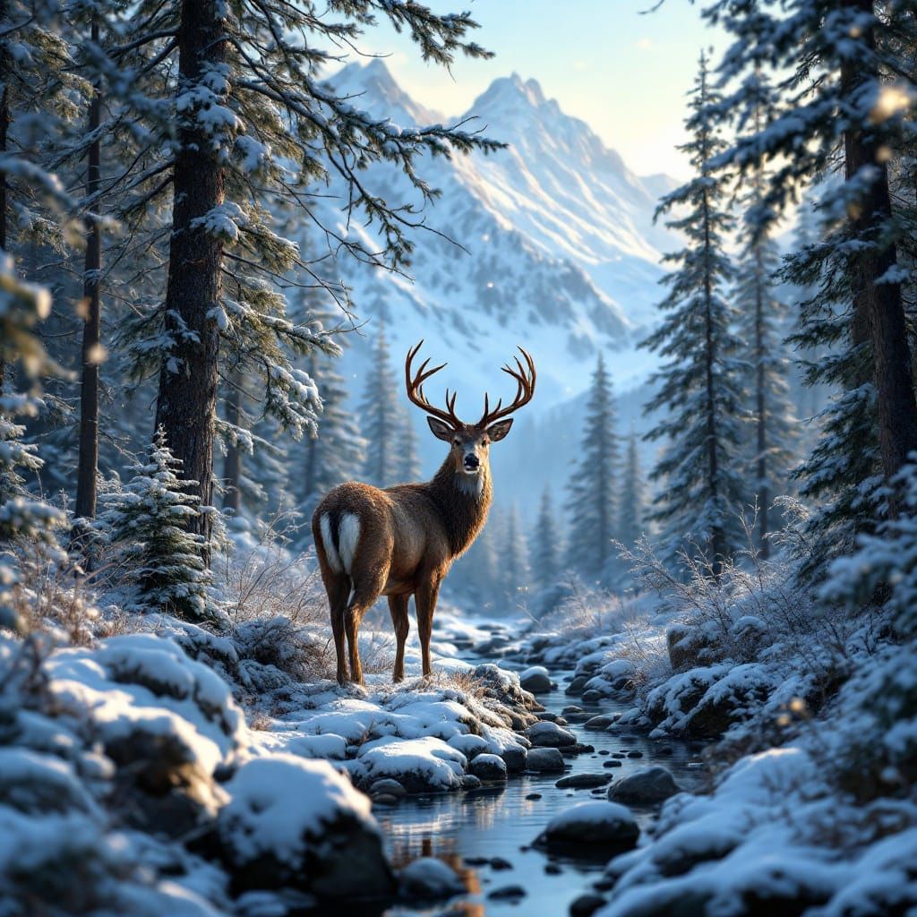 Ethereal Winter Wonderland Deer in a Majestic Forest Landsca...