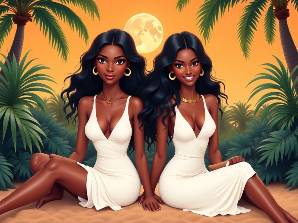 Tropical Women in White Dresses, Vintage Digital Art