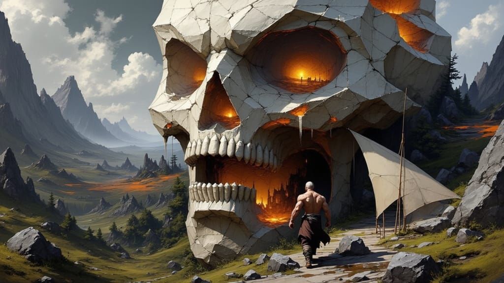 Barbarian Views Skull Mountain City in Ancient Valley