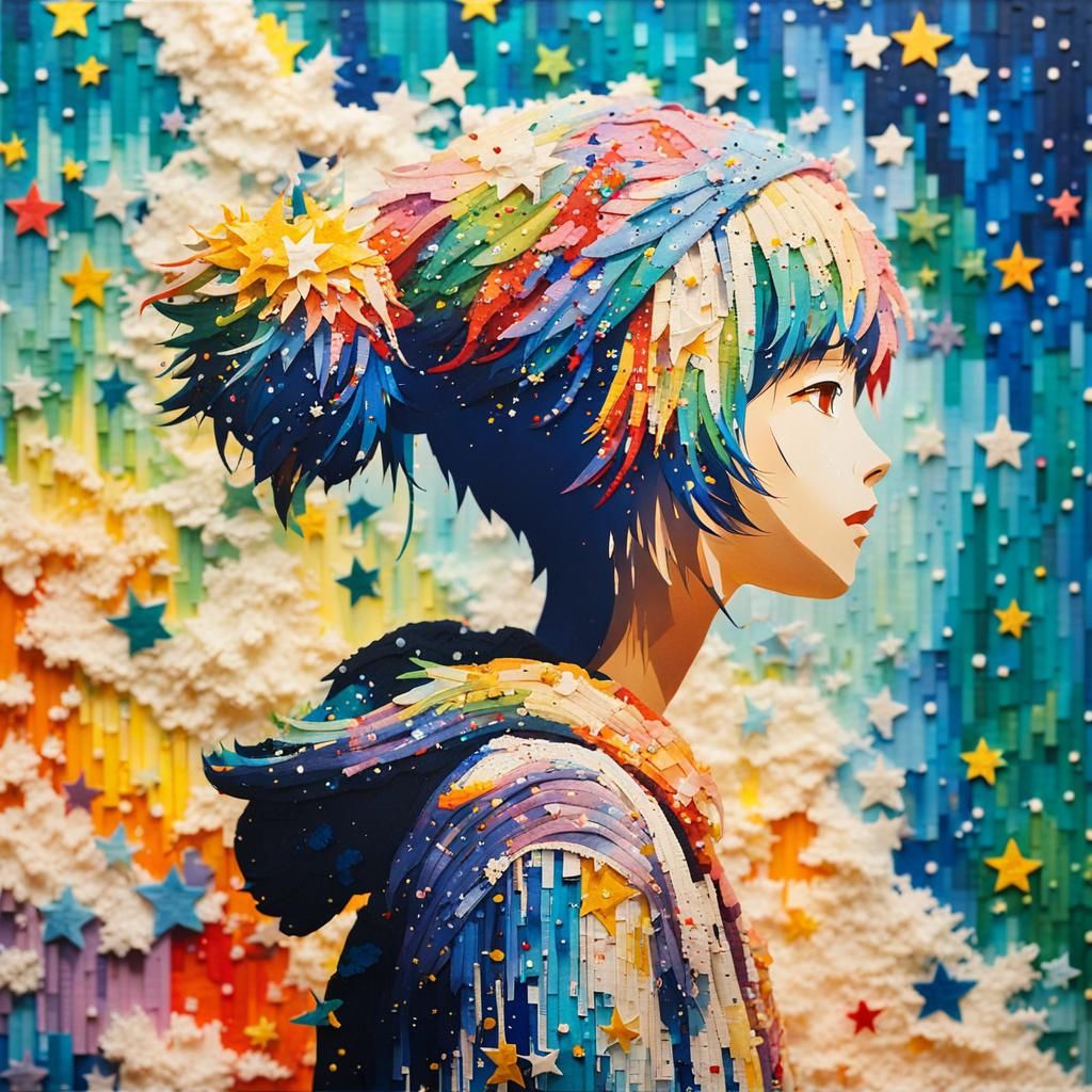 Anime Character in 2.5D Pixel Art with Abstract Colors