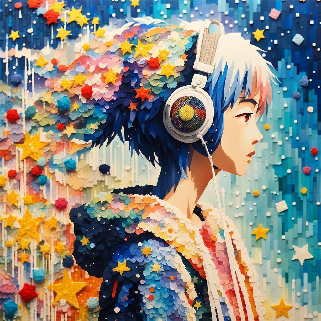 Anime Character in 2.5D Pixel Art with Abstract Colors