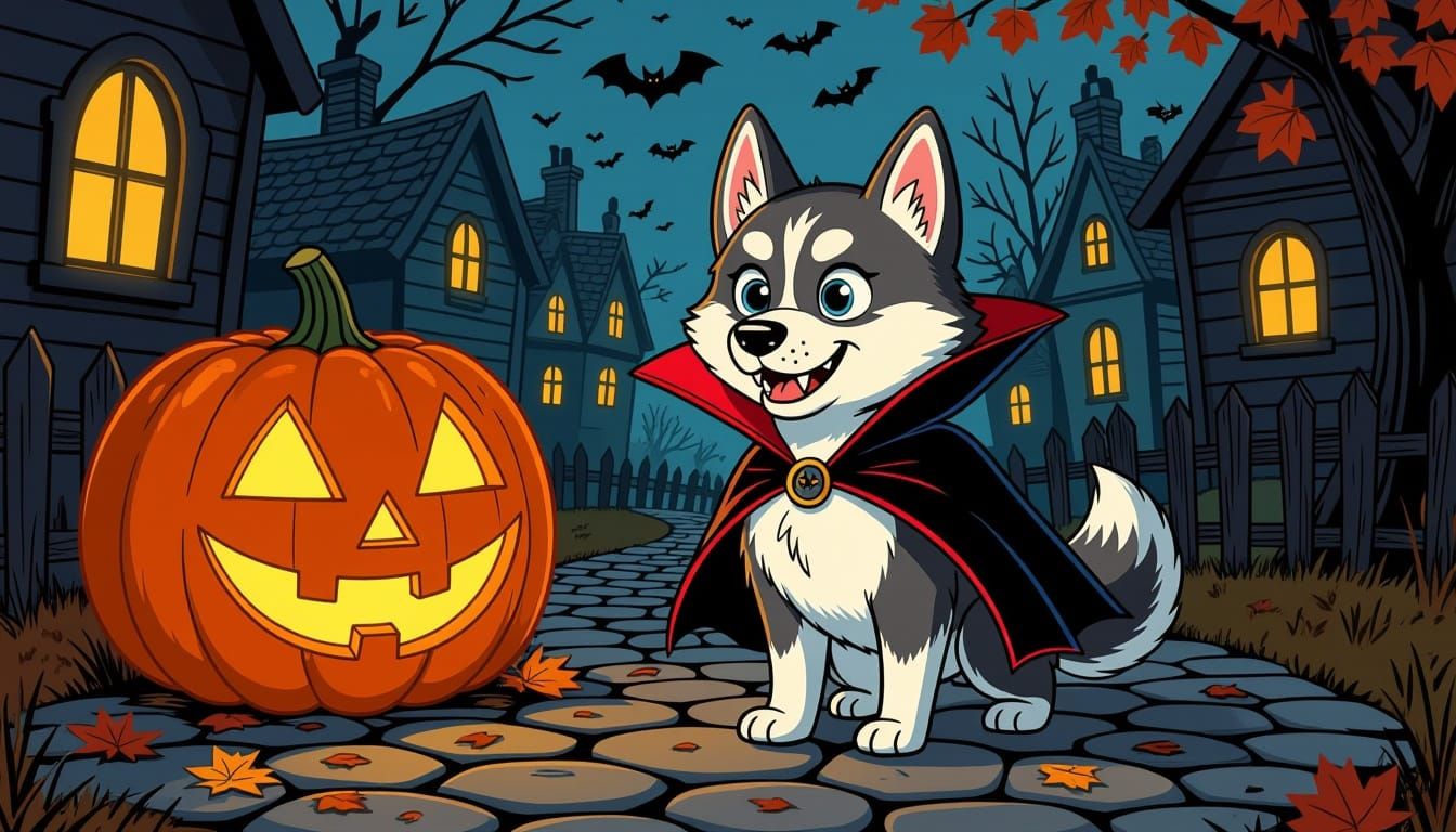 Vampire Husky in Autumn Village Comic Art Style