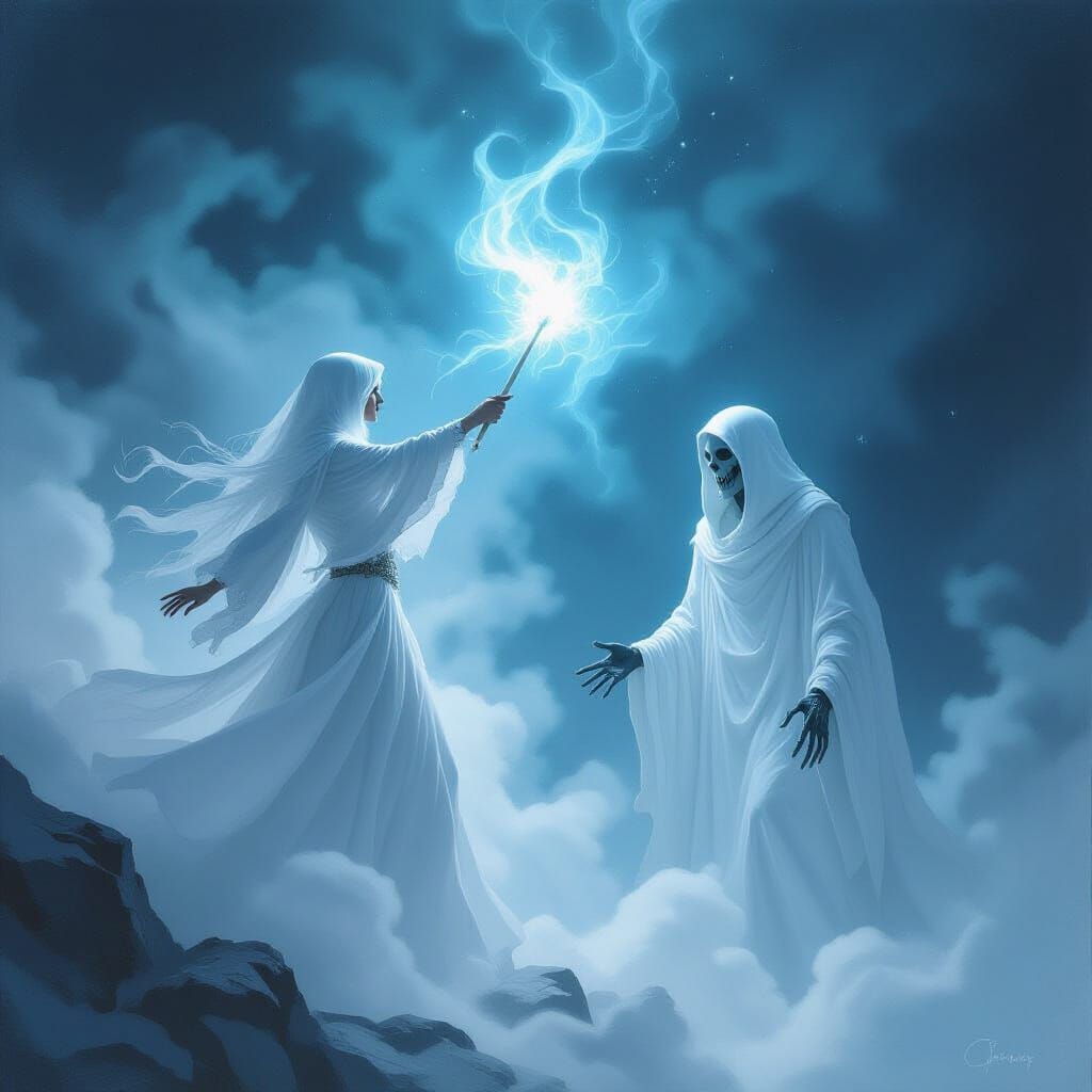 White Witch Meets Necromancer Lich in Luminous Mist