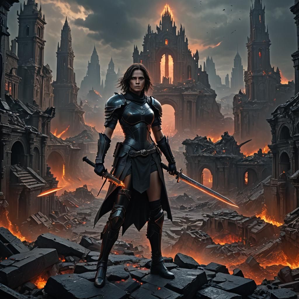 Selene in Underworld Cityscape: Gothic Horror Image