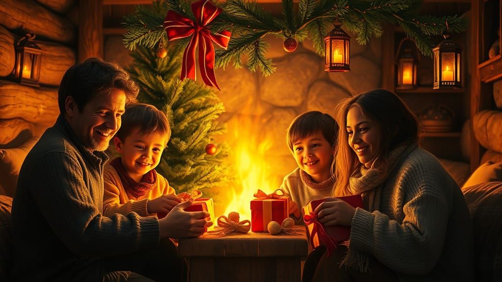 Family Gathered Around Cozy Christmas Fire