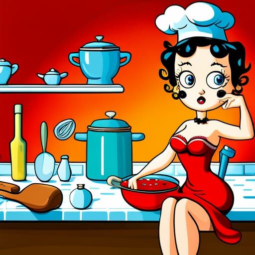 Betty Boop Cooking in Kitchen, Cartoon Splash Art