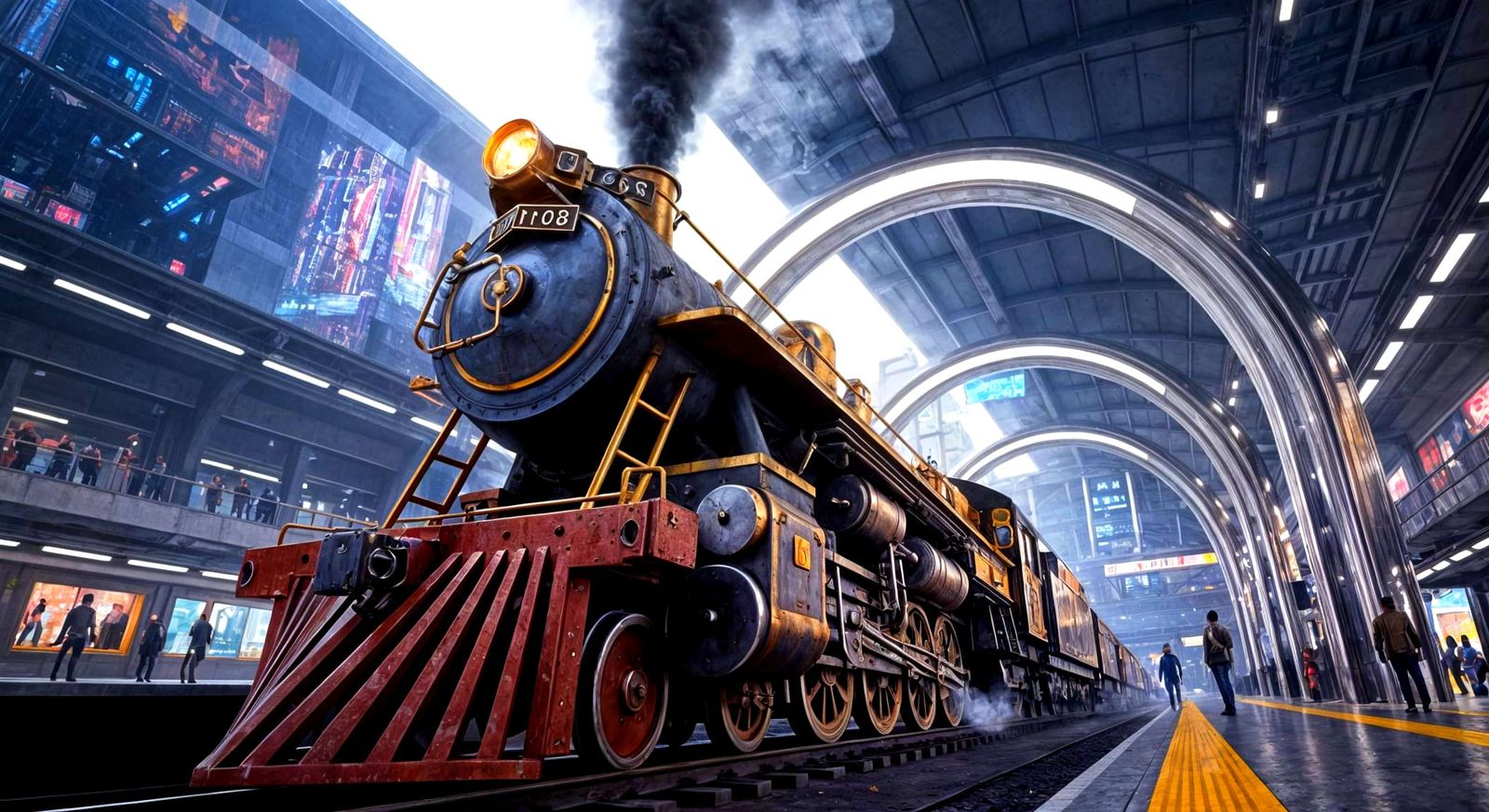 Futuristic Train Station with Steam Locomotive in Cyberpunk ...