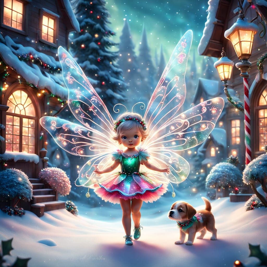 Whimsical Glass Fairy Plays with Puppy in Enchanted Christma...