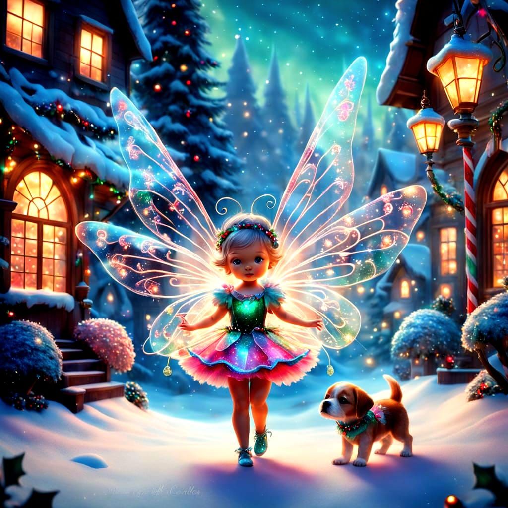 Glowing Glass Christmas Fairy with Cute Puppy in Whimsical W...