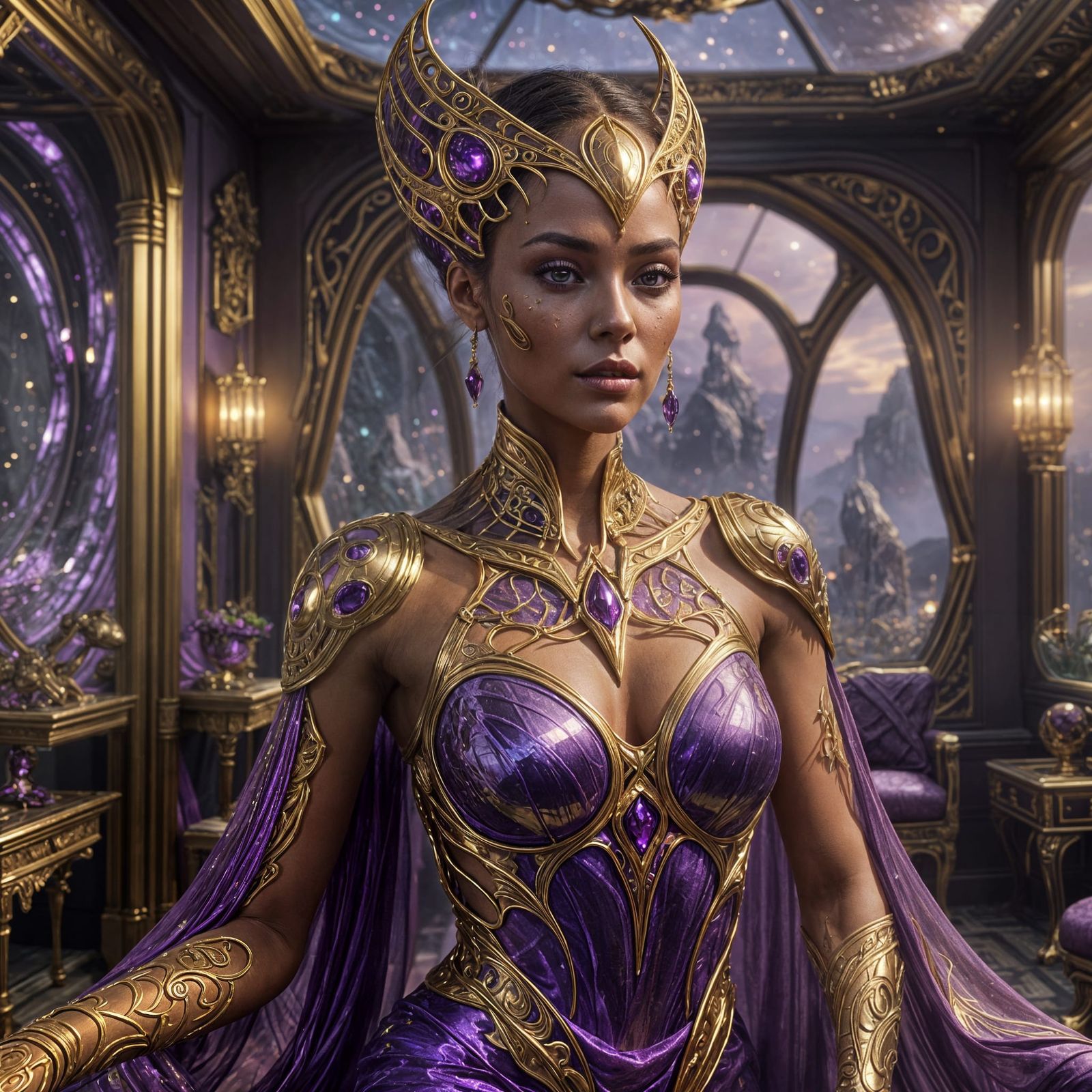 Beautiful Alien Woman in Amethyst Gown: Fantasy Art